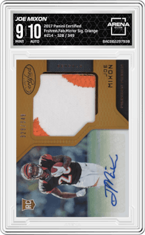 Joe Mixon from the 2017 Panini Certified set featuring a Mirror Orange parallel graded by Arena Club and given an overall grade of 9.