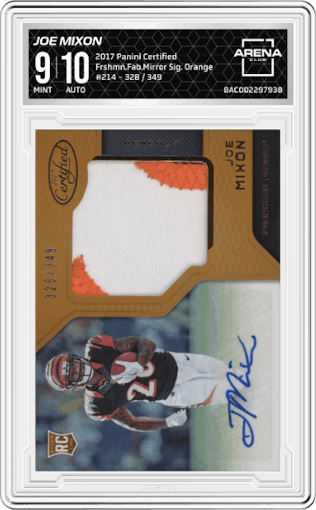 Joe Mixon from the 2017 Panini Certified set featuring a Mirror Orange parallel graded by Arena Club and given an overall grade of 9.