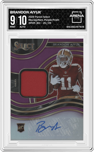 Brandon Aiyuk from the 2020 Panini Select set featuring a Purple Prizm parallel graded by Arena Club and given an overall grade of 9.