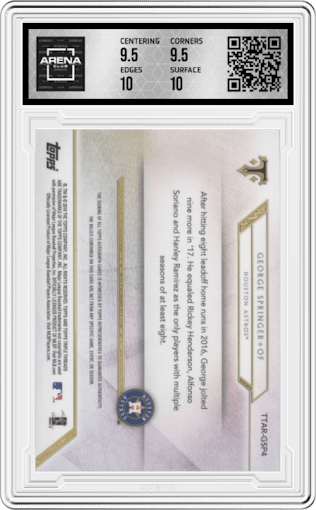 George Springer from the 2018 Topps Triple Threads set graded by Arena Club and given an overall grade of 10.