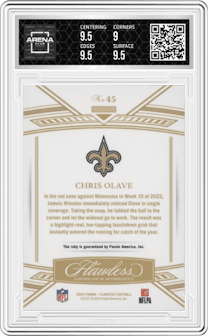 Chris Olave from the 2023 Panini Flawless set graded by Arena Club and given an overall grade of 9.5.