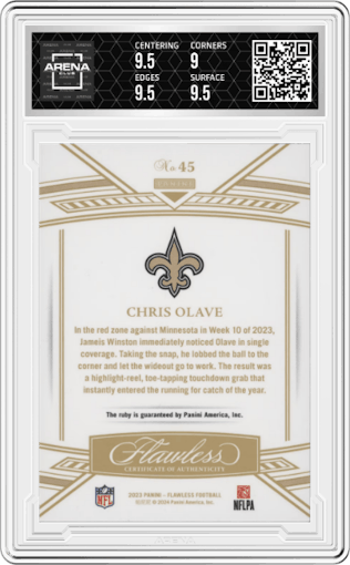 Chris Olave from the 2023 Panini Flawless set graded by Arena Club and given an overall grade of 9.5.