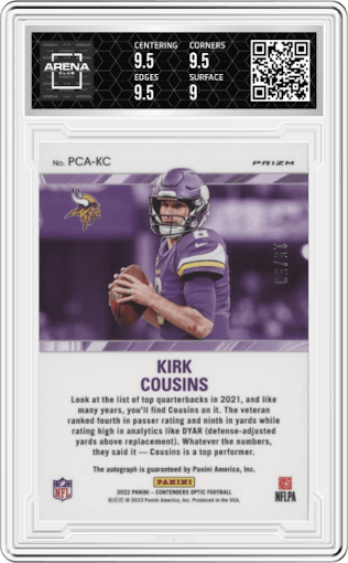 Kirk Cousins from the 2022 Panini Contenders Optic set graded by Arena Club and given an overall grade of 9.5.