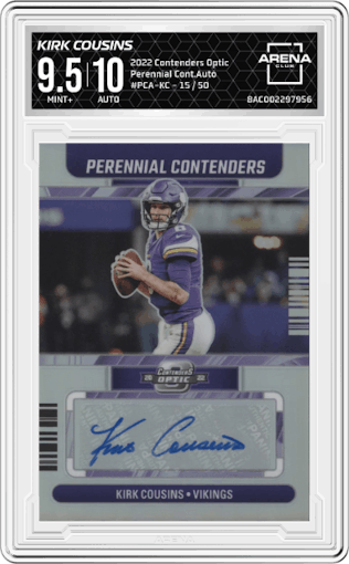 Kirk Cousins from the 2022 Panini Contenders Optic set graded by Arena Club and given an overall grade of 9.5.