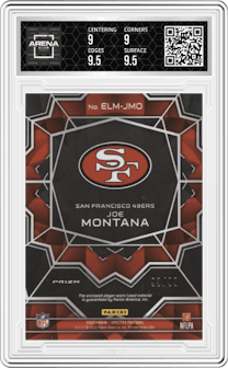 Joe Montana from the 2022 Panini Spectra set graded by Arena Club and given an overall grade of 9.5.