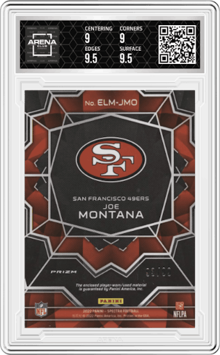Joe Montana from the 2022 Panini Spectra set graded by Arena Club and given an overall grade of 9.5.