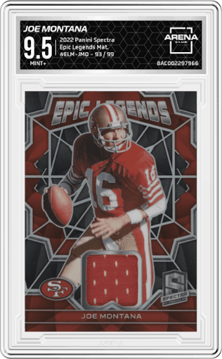Joe Montana from the 2022 Panini Spectra set graded by Arena Club and given an overall grade of 9.5.