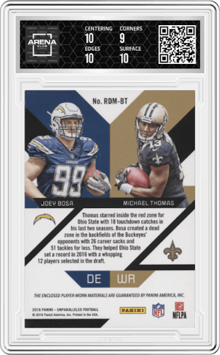 Joey Bosa/Michael Thomas from the 2016 Panini Unparalleled set featuring a Prime Blue parallel graded by Arena Club and given an overall grade of 9.5.