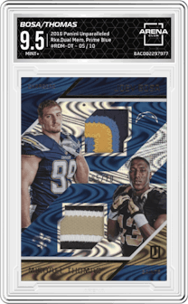 Joey Bosa/Michael Thomas from the 2016 Panini Unparalleled set featuring a Prime Blue parallel graded by Arena Club and given an overall grade of 9.5.