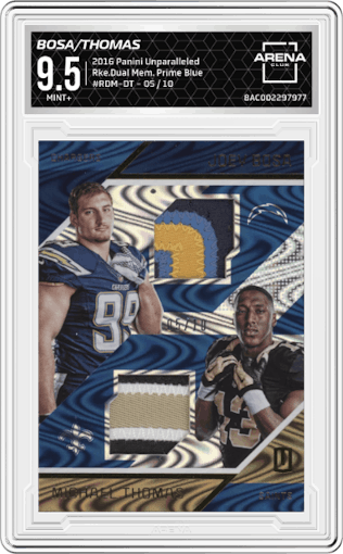 Joey Bosa/Michael Thomas from the 2016 Panini Unparalleled set featuring a Prime Blue parallel graded by Arena Club and given an overall grade of 9.5.