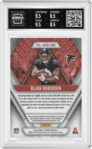 Bijan Robinson from the 2023 Panini Phoenix set graded by Arena Club and given an overall grade of 9.