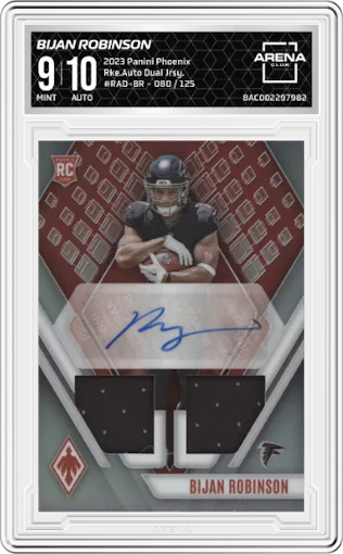 Bijan Robinson from the 2023 Panini Phoenix set graded by Arena Club and given an overall grade of 9.