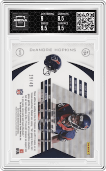 DeAndre Hopkins from the 2013 Panini Momentum set featuring a Gold parallel graded by Arena Club and given an overall grade of 9.