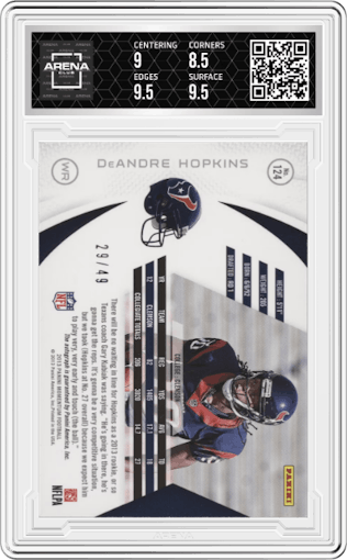 DeAndre Hopkins from the 2013 Panini Momentum set featuring a Gold parallel graded by Arena Club and given an overall grade of 9.