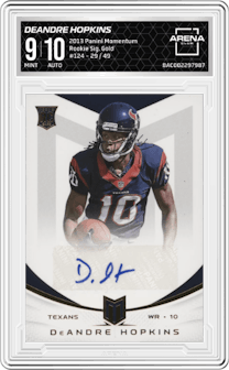 DeAndre Hopkins from the 2013 Panini Momentum set featuring a Gold parallel graded by Arena Club and given an overall grade of 9.