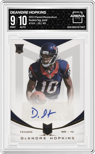 DeAndre Hopkins from the 2013 Panini Momentum set featuring a Gold parallel graded by Arena Club and given an overall grade of 9.