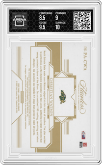 Christian Watson  from the 2022 Panini Flawless Collegiate set featuring a Gold  parallel graded by Arena Club and given an overall grade of 9.