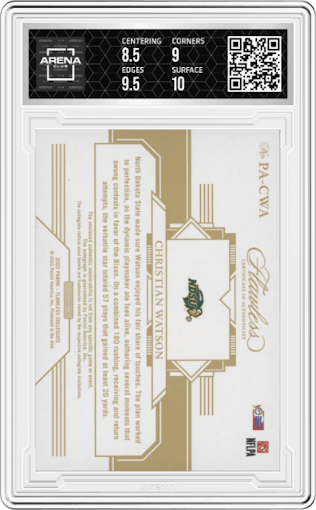 Christian Watson  from the 2022 Panini Flawless Collegiate set featuring a Gold  parallel graded by Arena Club and given an overall grade of 9.