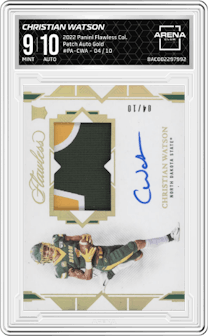 Christian Watson  from the 2022 Panini Flawless Collegiate set featuring a Gold  parallel graded by Arena Club and given an overall grade of 9.