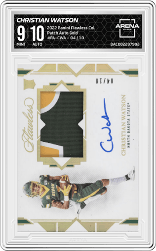 Christian Watson  from the 2022 Panini Flawless Collegiate set featuring a Gold  parallel graded by Arena Club and given an overall grade of 9.