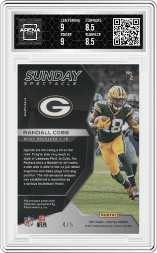 Randall Cobb from the 2017 Panini Spectra set featuring a Neon Orange parallel graded by Arena Club and given an overall grade of 9.