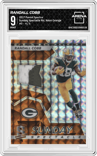 Randall Cobb from the 2017 Panini Spectra set featuring a Neon Orange parallel graded by Arena Club and given an overall grade of 9.