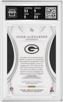 Jaire Alexander from the 2018 Panini Immaculate Collection set graded by Arena Club and given an overall grade of 9.