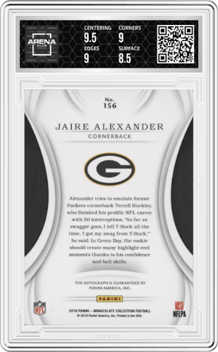 Jaire Alexander from the 2018 Panini Immaculate Collection set graded by Arena Club and given an overall grade of 9.
