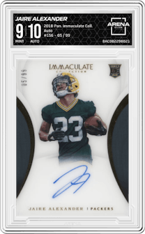 Jaire Alexander from the 2018 Panini Immaculate Collection set graded by Arena Club and given an overall grade of 9.