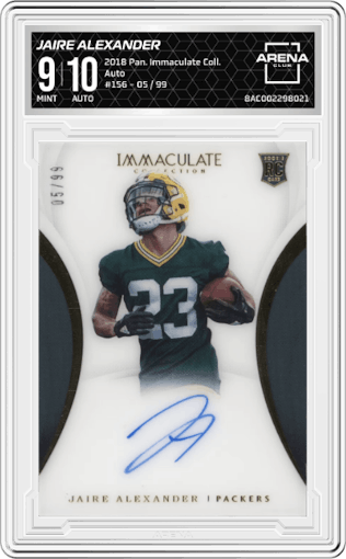 Jaire Alexander from the 2018 Panini Immaculate Collection set graded by Arena Club and given an overall grade of 9.