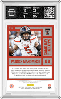Patrick Mahomes II from the 2017 Panini Contenders Draft Picks set graded by Arena Club and given an overall grade of 8.