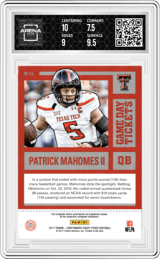 Patrick Mahomes II from the 2017 Panini Contenders Draft Picks set graded by Arena Club and given an overall grade of 8.