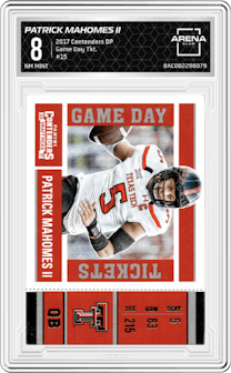 Patrick Mahomes II from the 2017 Panini Contenders Draft Picks set graded by Arena Club and given an overall grade of 8.