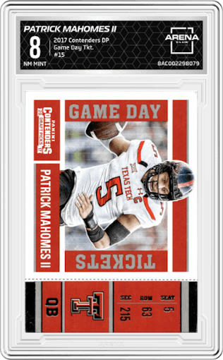 Patrick Mahomes II from the 2017 Panini Contenders Draft Picks set graded by Arena Club and given an overall grade of 8.
