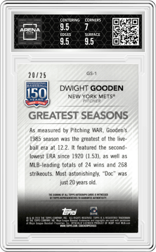 Dwight Gooden from the 2019 Topps Series 2 set graded by Arena Club and given an overall grade of 7.5.