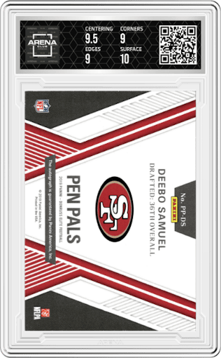 Deebo Samuel from the 2019 Panini Donruss Elite set graded by Arena Club and given an overall grade of 9.5.