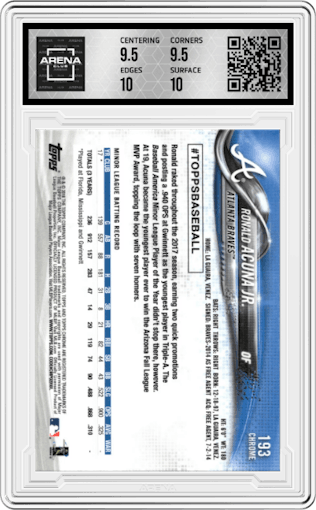 Ronald Acuna Jr. from the 2018 Topps Chrome set featuring a Prism Refractor parallel graded by Arena Club and given an overall grade of 10.