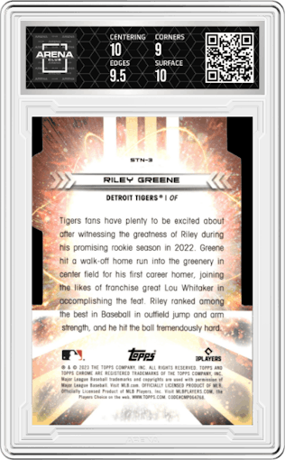 Riley Greene from the 2023 Topps Cosmic Chrome set graded by Arena Club and given an overall grade of 9.5.