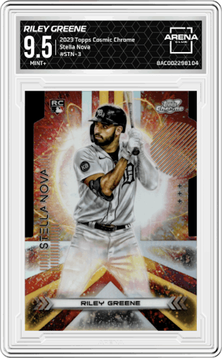 Riley Greene from the 2023 Topps Cosmic Chrome set graded by Arena Club and given an overall grade of 9.5.