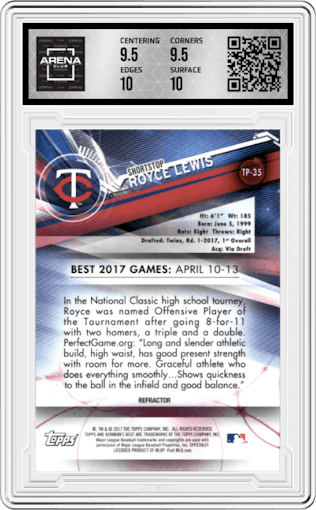 Royce Lewis from the 2017 Bowman's Best set featuring a Orange Refractor parallel graded by Arena Club and given an overall grade of 10.