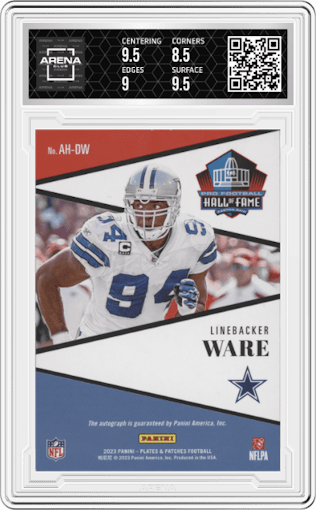 DeMarcus Ware from the 2023 Panini Plates & Patches set featuring a Gold parallel graded by Arena Club and given an overall grade of 9.