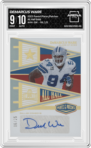 DeMarcus Ware from the 2023 Panini Plates & Patches set featuring a Gold parallel graded by Arena Club and given an overall grade of 9.