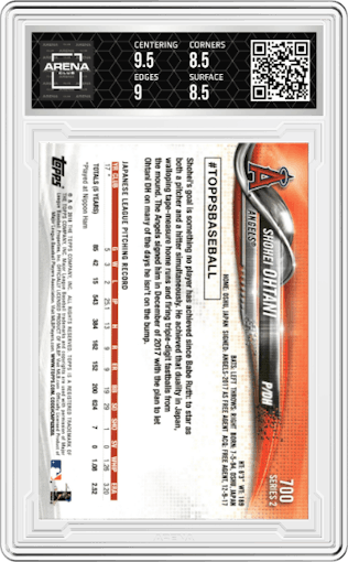 Shohei Ohtani from the 2018 Topps Series 2 set graded by Arena Club and given an overall grade of 9.
