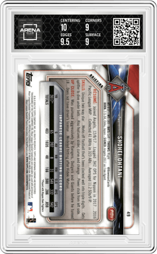 Shohei Ohtani from the 2018 Bowman set graded by Arena Club and given an overall grade of 9.5.