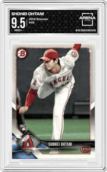 Shohei Ohtani from the 2018 Bowman set graded by Arena Club and given an overall grade of 9.5.