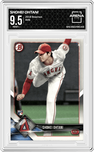 Shohei Ohtani from the 2018 Bowman set graded by Arena Club and given an overall grade of 9.5.