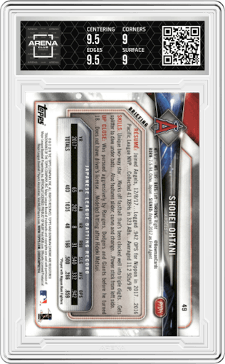 Shohei Ohtani from the 2018 Bowman set graded by Arena Club and given an overall grade of 9.5.