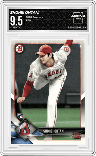 Shohei Ohtani from the 2018 Bowman set graded by Arena Club and given an overall grade of 9.5.