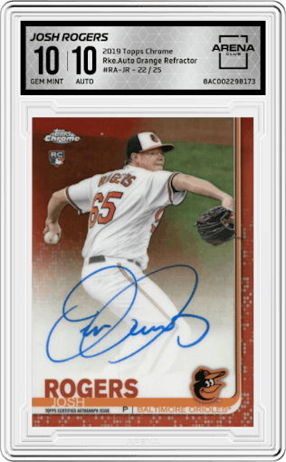 Josh Rogers from the 2019 Topps Chrome set featuring a Orange Refractor parallel graded by Arena Club and given an overall grade of 10.