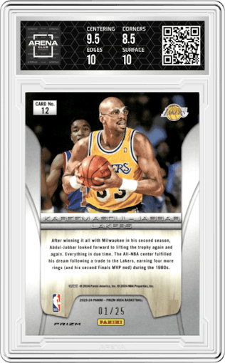 Kareem Abdul-Jabbar from the 2023-24 Panini Prizm Deca set featuring a Mojo Prizm parallel graded by Arena Club and given an overall grade of 9.